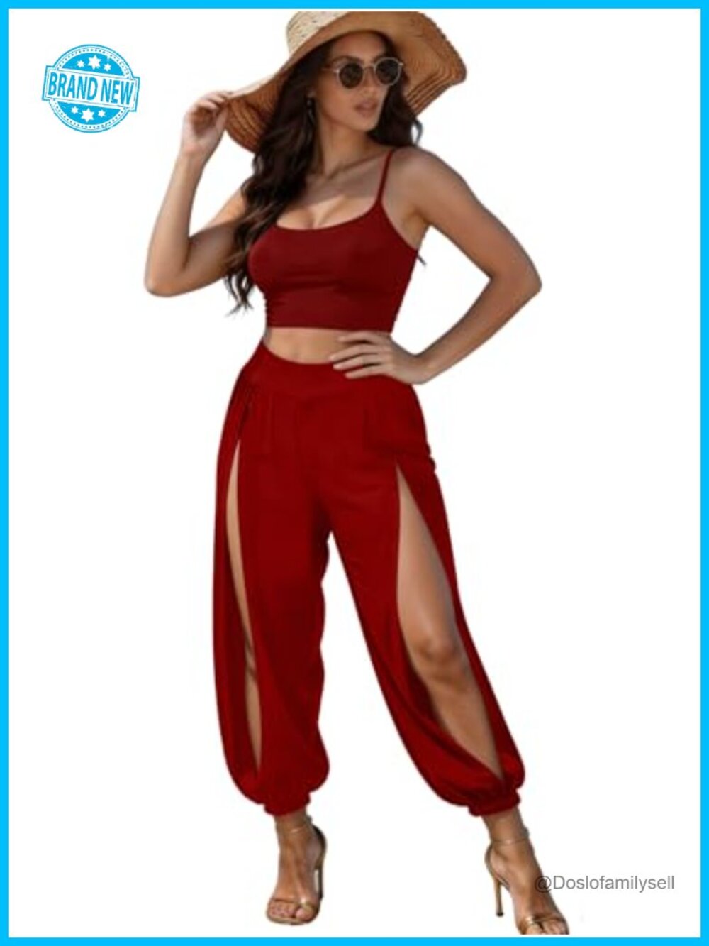 Womens 2 Piece Pant Set Crop Top High Slit Harem Pants Summer Tracksuit